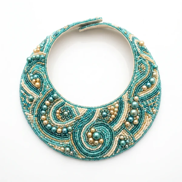 Aqua blue hand beaded collar with pearl beads, metallic gold accents and intricate swirling patterns for couture fashion and designer garments.