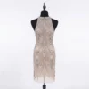 Nude crystal beaded back dress panel with matching silver geometric beadwork, crystal motifs and embellished high neckline for designer garments.