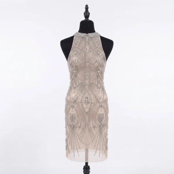 Nude crystal beaded back dress panel with matching silver geometric beadwork, crystal motifs and embellished high neckline for designer garments.