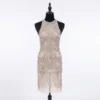 Nude crystal beaded front dress panel with silver geometric beadwork, Art Deco motifs and rhinestone embellishments for couture garments.