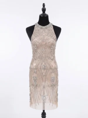 Art Deco Crystal Beaded Front Dress Panel Nude crystal beaded front dress panel with silver geometric beadwork, Art Deco motifs and rhinestone embellishments for couture garments.