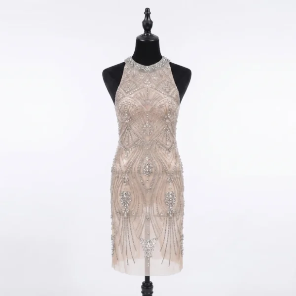 Nude crystal beaded front dress panel with silver geometric beadwork, Art Deco motifs and rhinestone embellishments for couture garments.