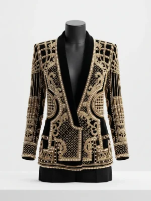 Black & Gold Hand Beaded Embroidered Jacket Black & Gold Hand Beaded Embroidered Jacket with Pearl Embellishments