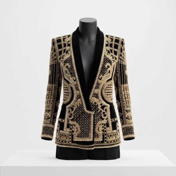 Black & Gold Hand Beaded Embroidered Jacket Black & Gold Hand Beaded Embroidered Jacket with Pearl Embellishments