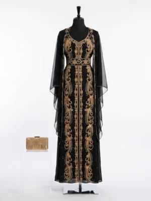 Black Hand Beaded Kaftan Dress with Gold Embroidery & Flowing Sleeves