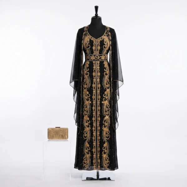 Black Hand Beaded Kaftan Dress with Gold Embroidery Black Hand Beaded Kaftan Dress with Gold Embroidery & Flowing Sleeves