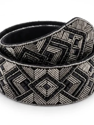 Black Onyx Art Deco Hand Beaded Belt Black hand beaded belt with silver bugle beads, black stones and geometric Art Deco embroidery.