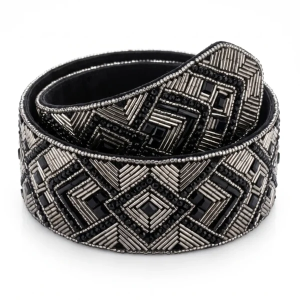 Black Onyx Art Deco Hand Beaded Belt Black hand beaded belt with silver bugle beads, black stones and geometric Art Deco embroidery.