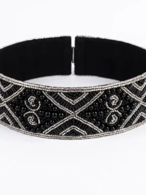 Black Onyx Geometric Hand Beaded Belt Black hand beaded belt with glossy black beads, silver bugle beads and geometric embroidery detailing.