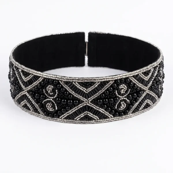 Black Onyx Geometric Hand Beaded Belt Black hand beaded belt with glossy black beads, silver bugle beads and geometric embroidery detailing.