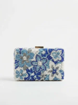 Blue Floral Hand Beaded Box Clutch Bag Blue floral hand beaded box clutch bag with white and silver beadwork