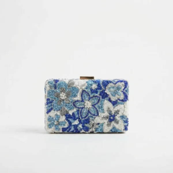 Blue Floral Hand Beaded Box Clutch Bag Blue floral hand beaded box clutch bag with white and silver beadwork