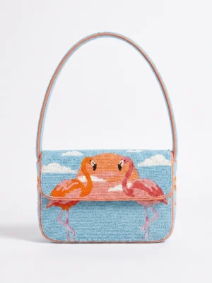 Blue hand beaded shoulder bag with pink and orange flamingo design