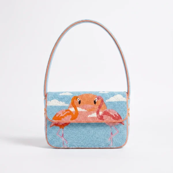 Blue Hand Beaded Shoulder Bag with Flamingo Design Blue hand beaded shoulder bag with pink and orange flamingo design