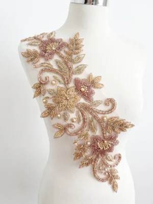 Blush pink and gold hand beaded floral applique with pearl accents and botanical vine design