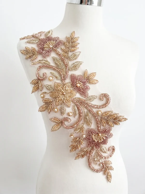 Blush Pink & Gold Hand Beaded Floral Applique Blush pink and gold hand beaded floral applique with pearl accents and botanical vine design