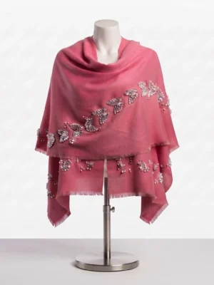 Blush Pink Butterfly Cashmere Custom Beaded Shawl Wrap with Crystal Embellishments
