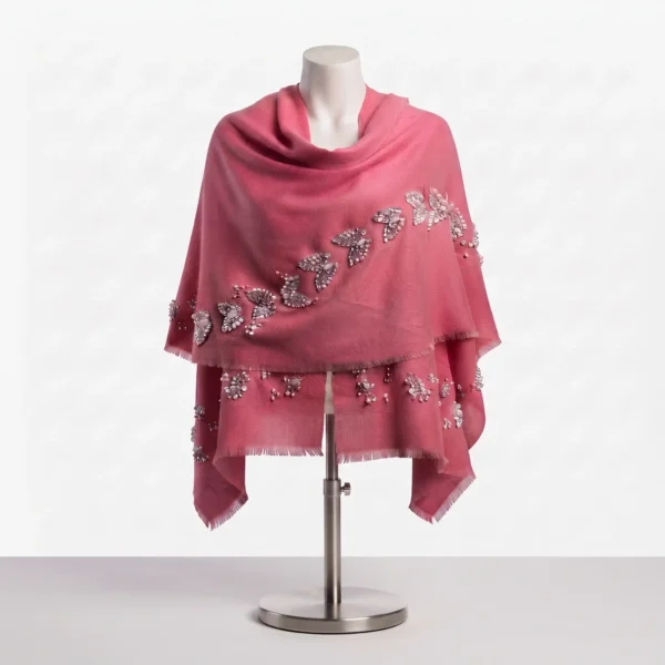 Blush Pink Butterfly Cashmere Custom Beaded Shawl Wrap with Crystal Embellishments