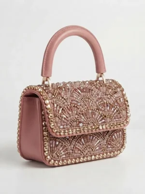 Blush Pink Hand Beaded Mini Handbag with Crystal Embellishments Blush pink hand beaded mini handbag with crystal embellishments and top handle