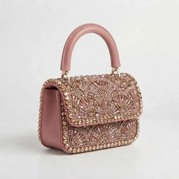 Blush Pink Hand Beaded Mini Handbag with Crystal Embellishments Blush pink hand beaded mini handbag with crystal embellishments and top handle