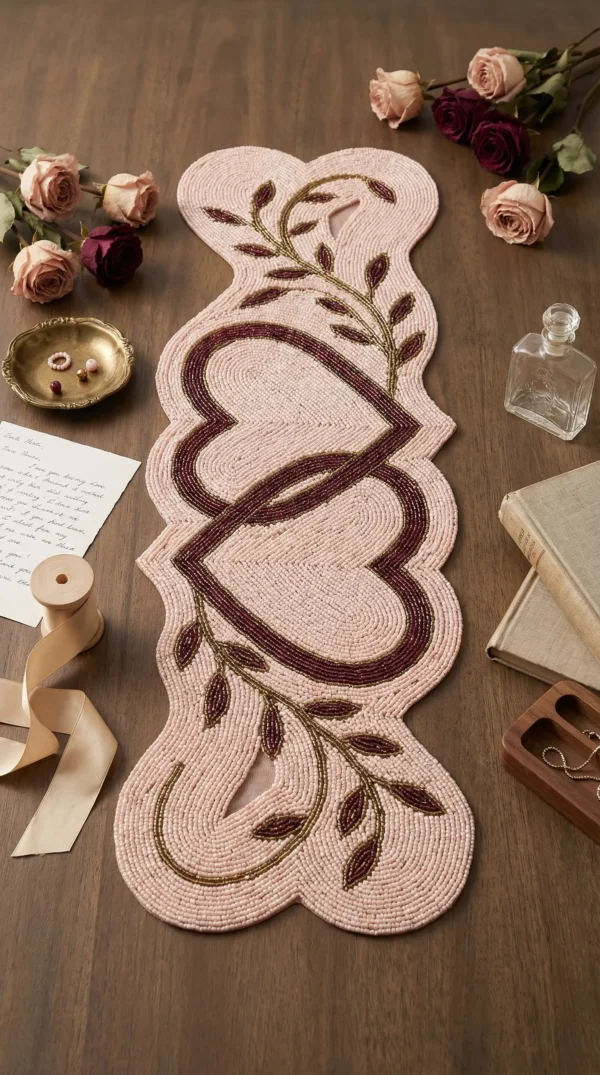Blush Pink Interlocking Heart Hand Beaded Table Runner Blush pink hand beaded table runner with interlocking burgundy hearts and botanical vines