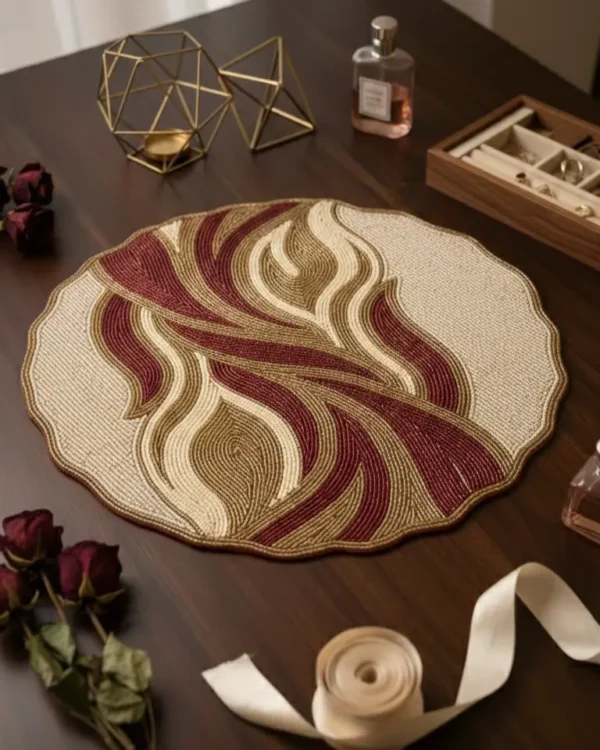 Burgundy & Gold Abstract Hand Beaded Placemat Burgundy and gold abstract hand beaded placemat with ivory beadwork