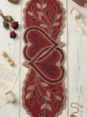 Burgundy Heart & Vine Hand Beaded Table Runner Burgundy hand beaded table runner with intertwined hearts and gold vine motifs