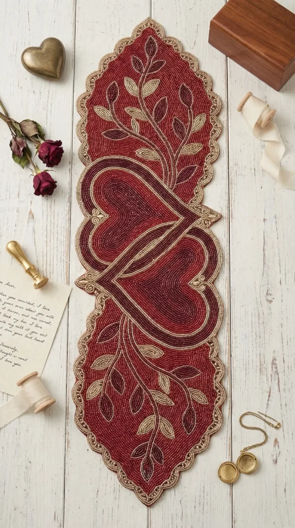 Burgundy Heart & Vine Hand Beaded Table Runner Burgundy hand beaded table runner with intertwined hearts and gold vine motifs