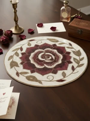 Burgundy Rose Floral Hand Beaded Placemat Burgundy rose hand beaded placemat with ivory and gold floral details