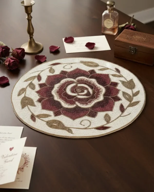 Burgundy Rose Floral Hand Beaded Placemat Burgundy rose hand beaded placemat with ivory and gold floral details