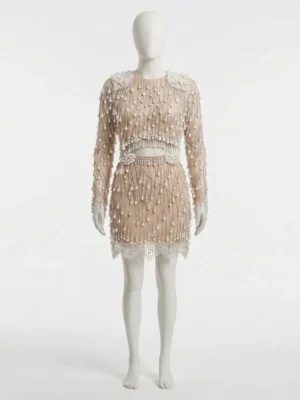 Champagne Pearl Hand Beaded Mini Dress Champagne Pearl Hand Beaded Mini Dress with Crystal Fringe Embellishments