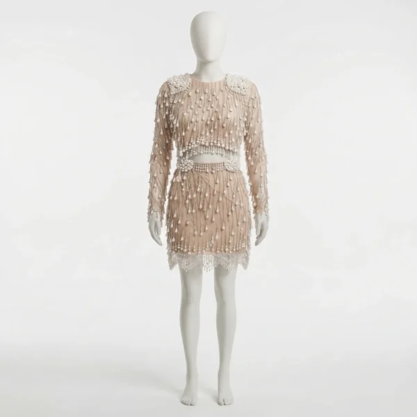 Champagne Pearl Hand Beaded Mini Dress with Crystal Fringe Embellishments