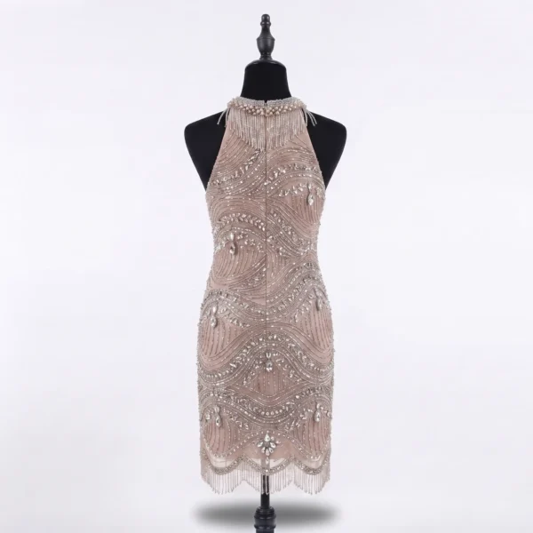 Champagne Wave Crystal Beaded Back Dress Panel Champagne hand beaded back dress panel with matching wave-pattern beadwork, crystals, rhinestones and fringe for designer garments.