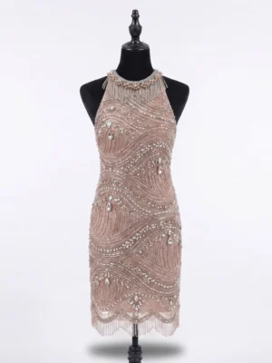Champagne Wave Crystal Beaded Front Dress Panel Champagne hand beaded front dress panel with wave-pattern beadwork, crystals, rhinestones and beaded fringe for couture garment manufacturing.