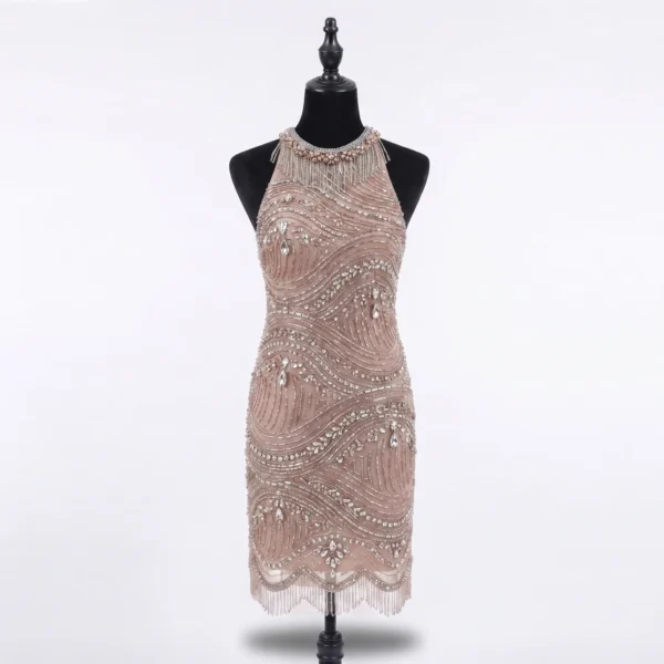 Champagne Wave Crystal Beaded Front Dress Panel Champagne hand beaded front dress panel with wave-pattern beadwork, crystals, rhinestones and beaded fringe for couture garment manufacturing.