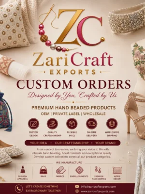 Custom hand beaded fashion apparel, bags, accessories, home décor and fabrics manufactured by Zari Craft Exports