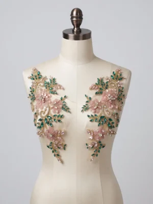 Emerald green and blush pink floral hand beaded applique pair with crystals and gold bead embroidery for bridal and couture garments.