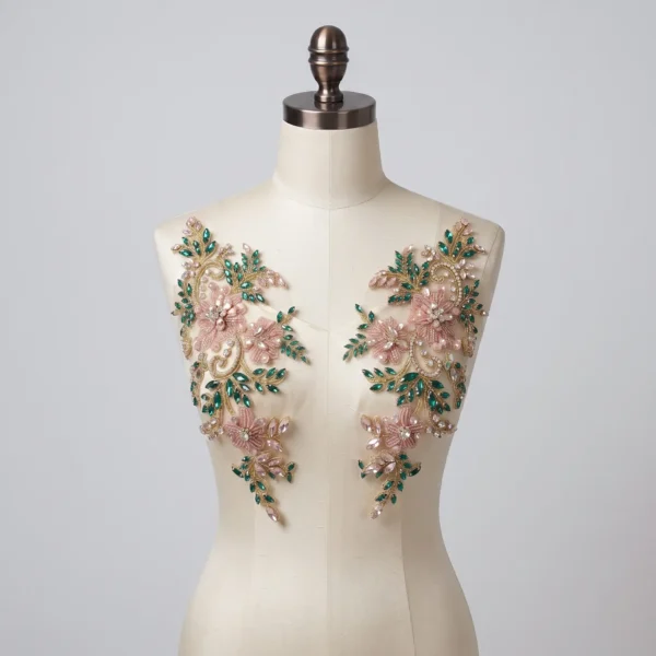 Emerald & Blush Floral Hand Beaded Applique Pair Emerald green and blush pink floral hand beaded applique pair with crystals and gold bead embroidery for bridal and couture garments.
