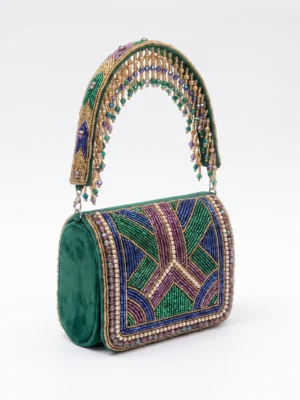 Emerald Green Geometric Hand Beaded Mini Handbag with Embellished Handle Emerald green geometric hand beaded mini handbag with embellished handle
