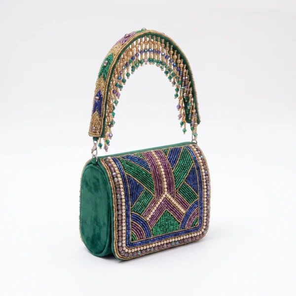 Emerald Green Geometric Hand Beaded Mini Handbag with Embellished Handle Emerald green geometric hand beaded mini handbag with embellished handle