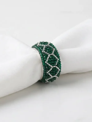 Emerald Green Geometric Hand Beaded Napkin Ring Emerald green hand beaded napkin ring with silver geometric lattice pattern