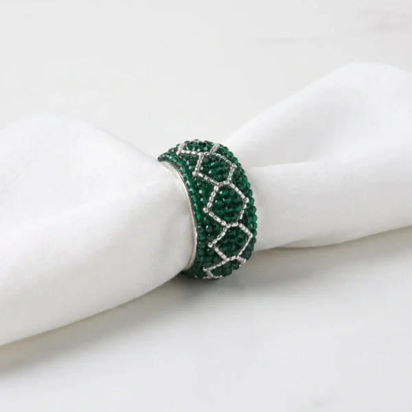Emerald Green Geometric Hand Beaded Napkin Ring Emerald green hand beaded napkin ring with silver geometric lattice pattern