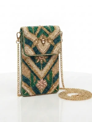 Emerald Green Geometric Hand Beaded Phone Bag with Chain Strap Emerald green geometric hand beaded phone bag with gold chain strap