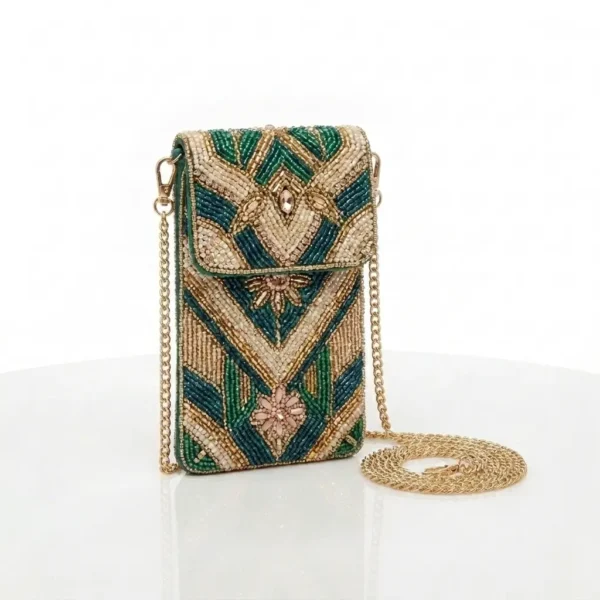 Emerald Green Geometric Hand Beaded Phone Bag with Chain Strap Emerald green geometric hand beaded phone bag with gold chain strap