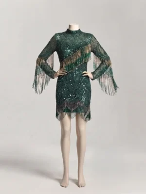 Emerald Green Hand Beaded Fringe Mini Dress Emerald Green Hand Beaded Fringe Mini Dress with Sequin Embellishments
