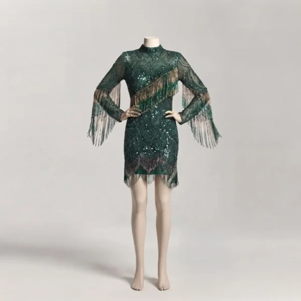Emerald Green Hand Beaded Fringe Mini Dress with Sequin Embellishments
