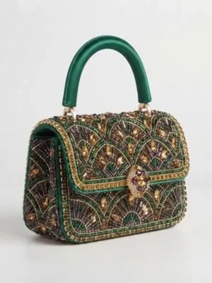 Emerald Green Hand Beaded Mini Handbag with Crystal Embellishments Emerald green hand beaded mini handbag with crystal embellishments and top handle