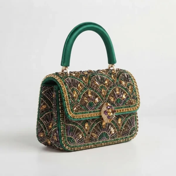 Emerald Green Hand Beaded Mini Handbag with Crystal Embellishments Emerald green hand beaded mini handbag with crystal embellishments and top handle