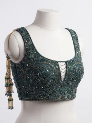 Emerald Hand Beaded Bridal Blouse with Crystal Embellishments & Tassel Detailing Emerald Hand Beaded Bridal Blouse with Crystal Embellishments & Tassel Detailing