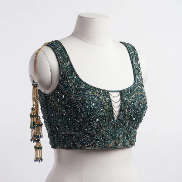 Emerald Hand Beaded Bridal Blouse with Crystal Embellishments & Tassel Detailing Emerald Hand Beaded Bridal Blouse with Crystal Embellishments & Tassel Detailing